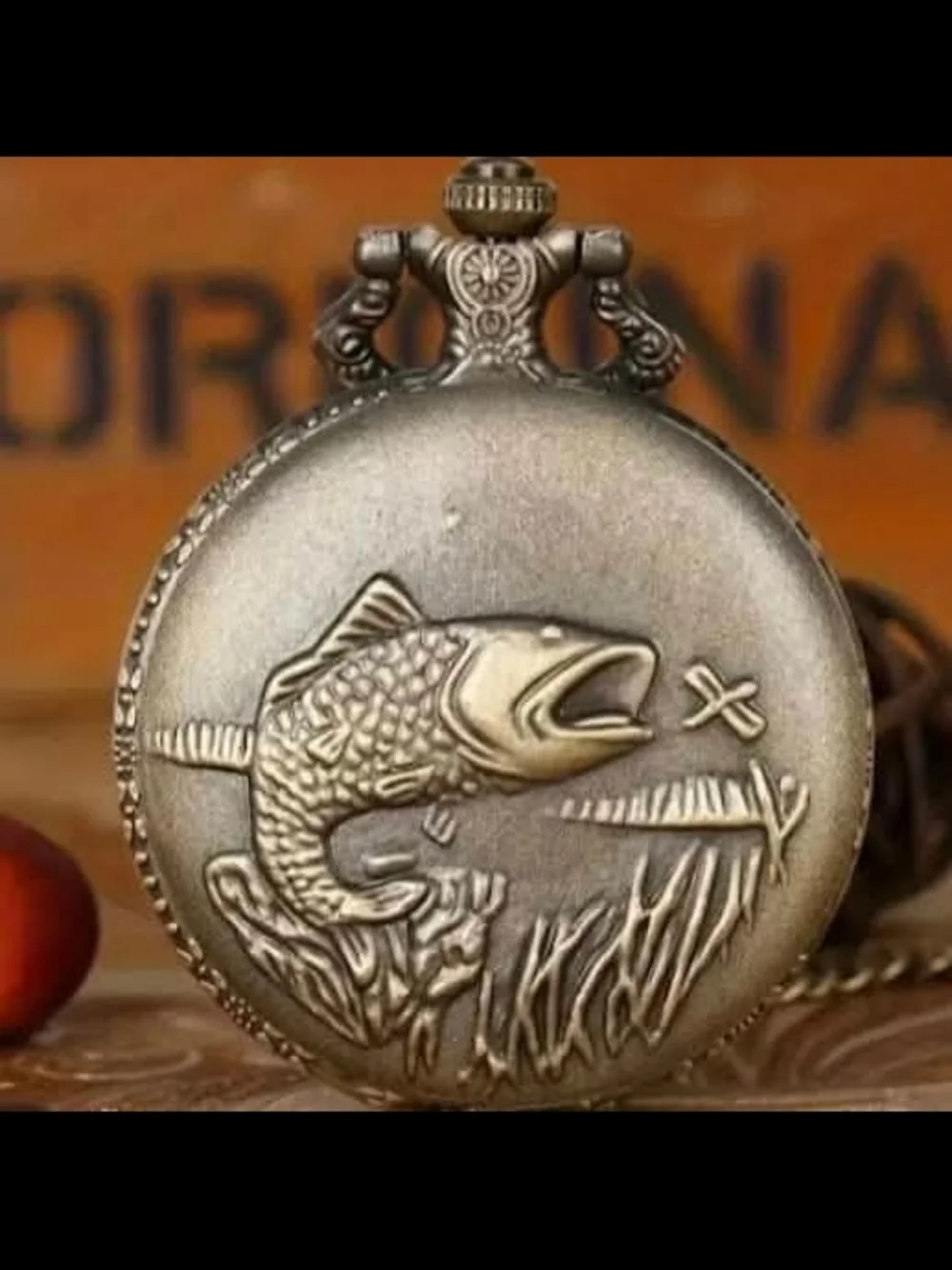 Antique-Style Fish Relief Pocket Watch - Silver Tone